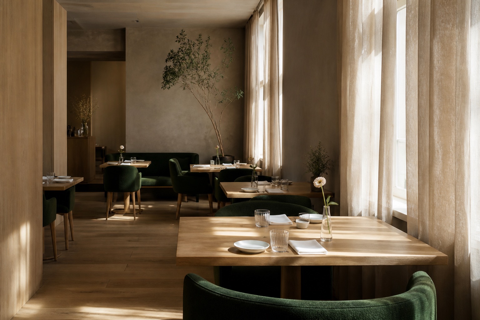 Jasna sala restauracji z dębowymi stołami